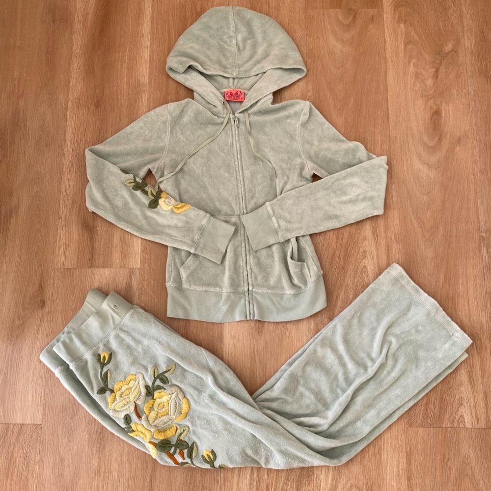 Juicy Couture Sweatsuit track suit seafoam green pastel floral RARE xs / p